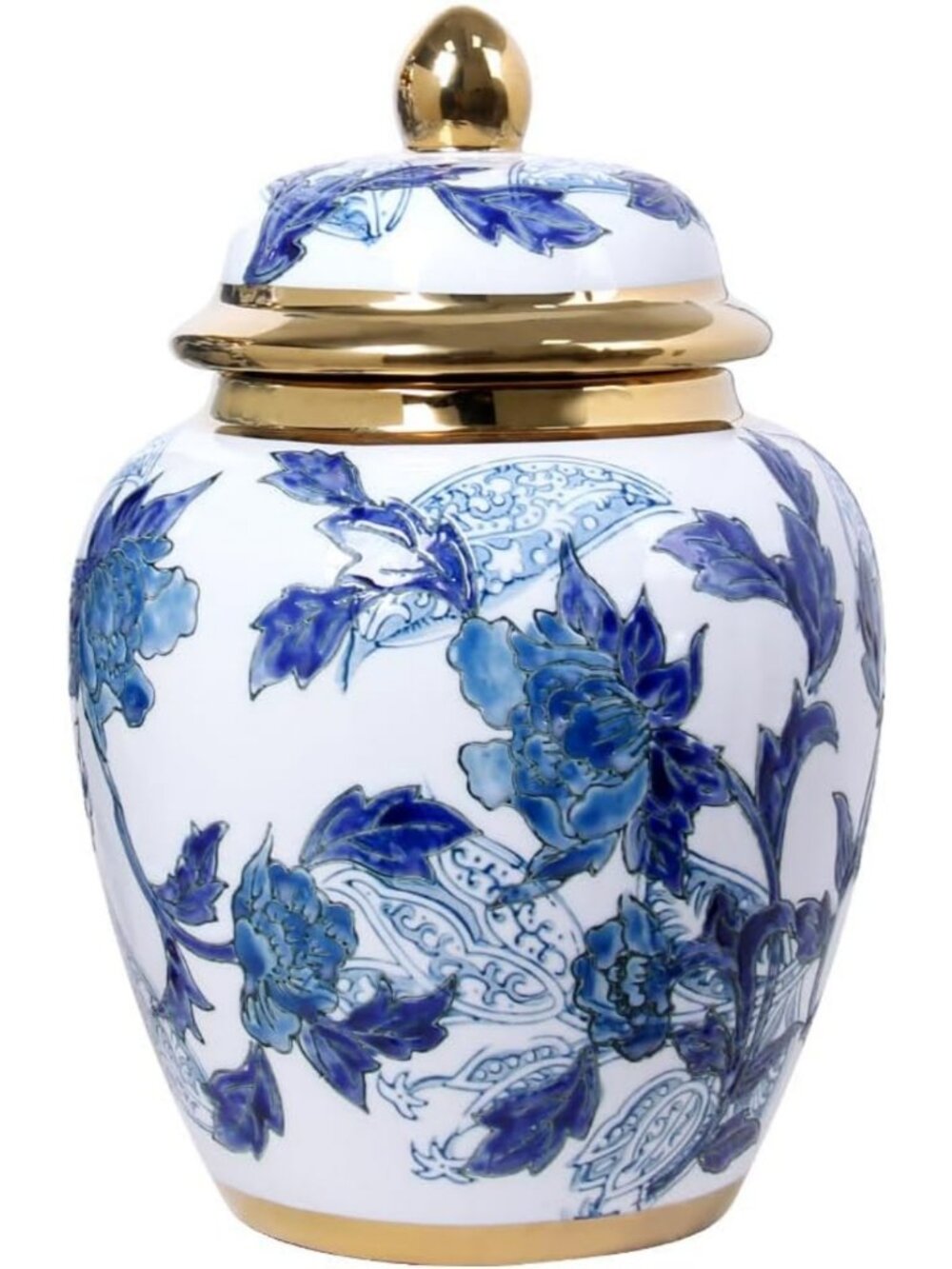 Elegant 11” Blue & White Ginger Jar Vase with Gold Trim for Home Decor